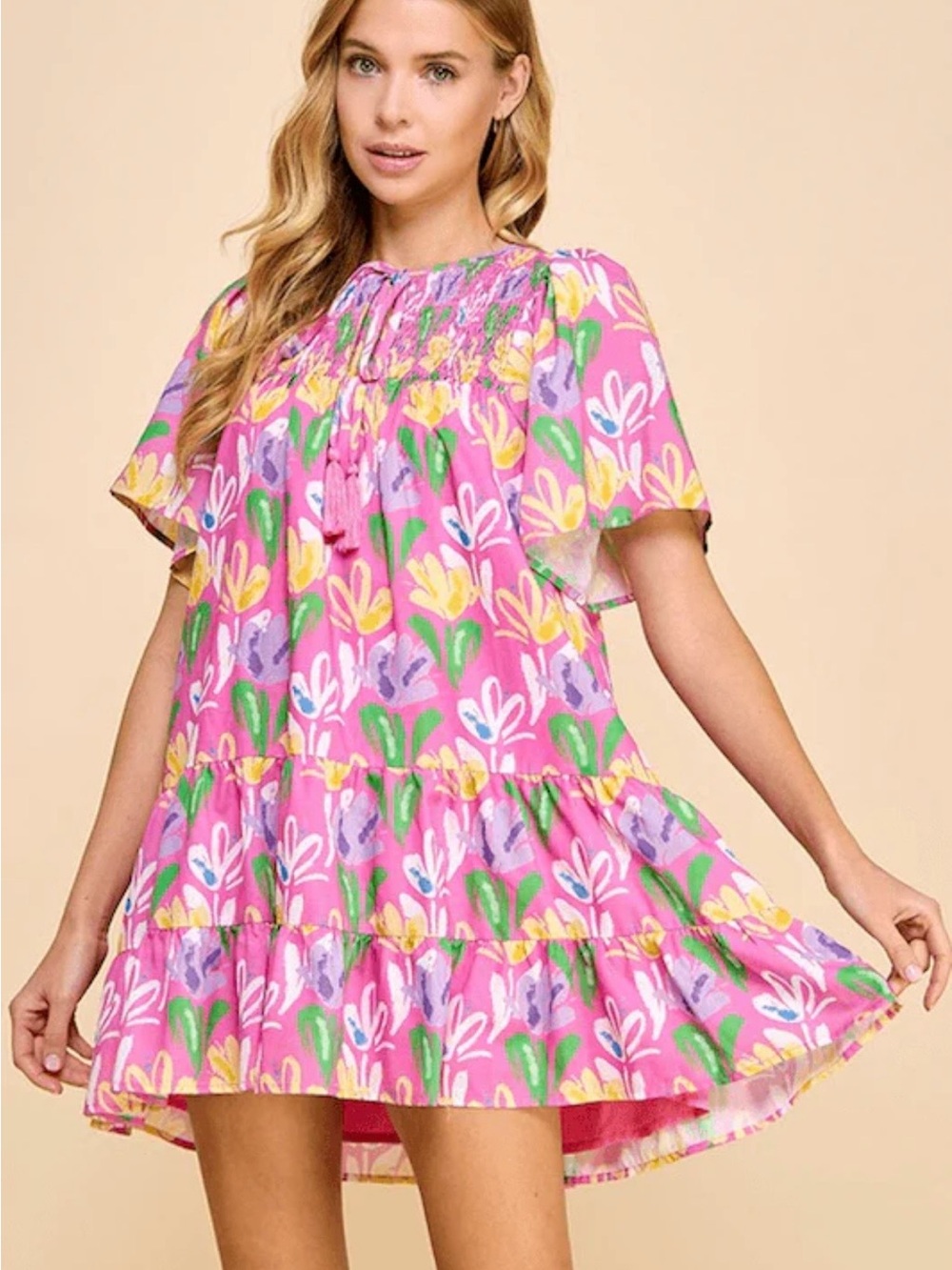 TCEC Pink Floral Tiered Puff-Sleeve Mini Dress
